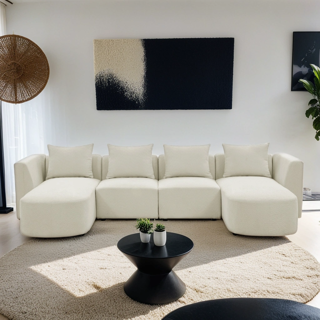 Boho Aesthetic Large White Opulent Luxurious L-Shape Modular Sectional Sofa | Biophilic Design Airbnb Decor Furniture 