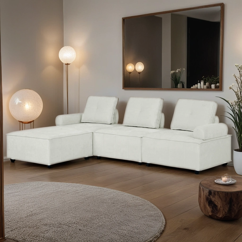 Boho Aesthetic Large White Opulent Luxury L-Shape Modular Sectional Sofa | Biophilic Design Airbnb Decor Furniture 