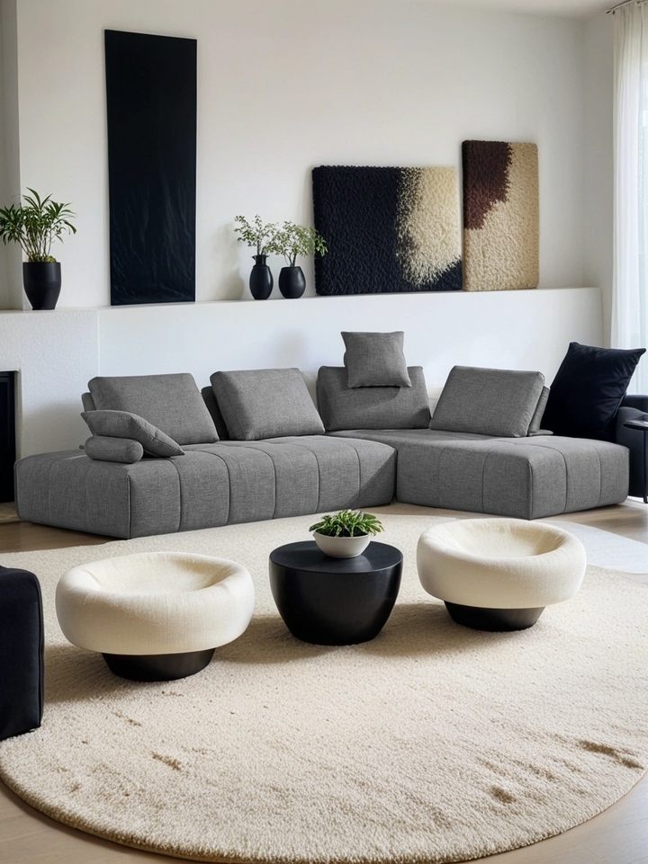 Boho Aesthetic Gray Italian Modular L Shaped Two Piece Sofa and Chaise Sectional | Biophilic Design Airbnb Decor Furniture 