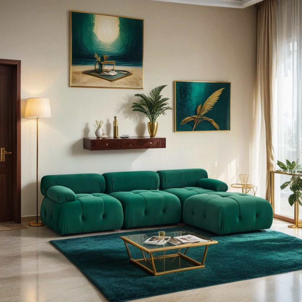 Boho Aesthetic Clermont-Ferrand | Green Modular Modern Luxury Button Tufted L Shaped Couch Sectional Sofa, with Reversible Ottoman | Biophilic Design Airbnb Decor Furniture 
