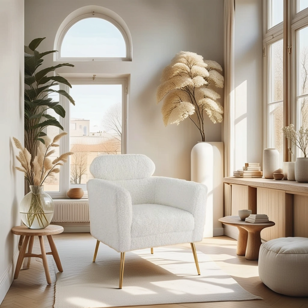Boho Aesthetic Modern Plush Soft White Teddy Sherpa Accent Chair | Biophilic Design Airbnb Decor Furniture 