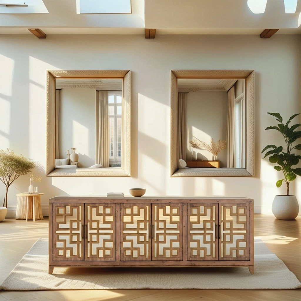 Boho Aesthetic Arley 6-Door Modern Contemporary Mid Century Sideboard Chestnut Brown Buffet Cabinet | Biophilic Design Airbnb Decor Furniture 