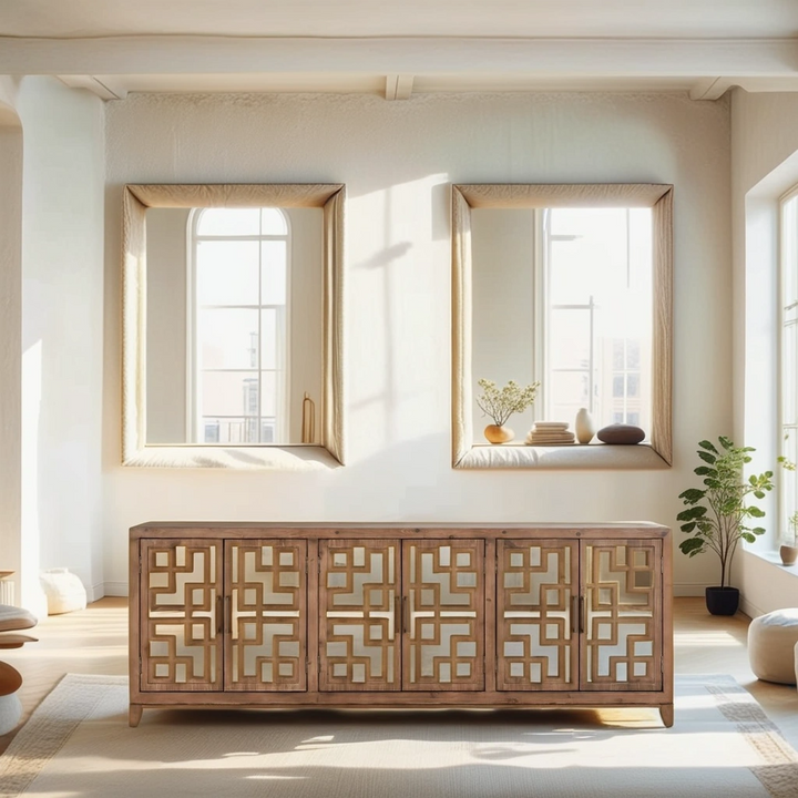 Boho Aesthetic Arley 6-Door Modern Contemporary Mid Century Sideboard Chestnut Brown Buffet Cabinet | Biophilic Design Airbnb Decor Furniture 