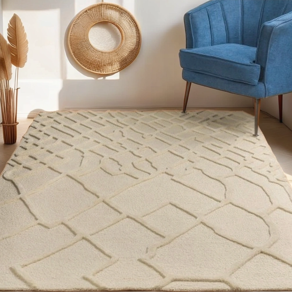 Boho Aesthetic La Crête | Modern Luxury Ivory Beige Wool Area Rug | Biophilic Design Airbnb Decor Furniture 