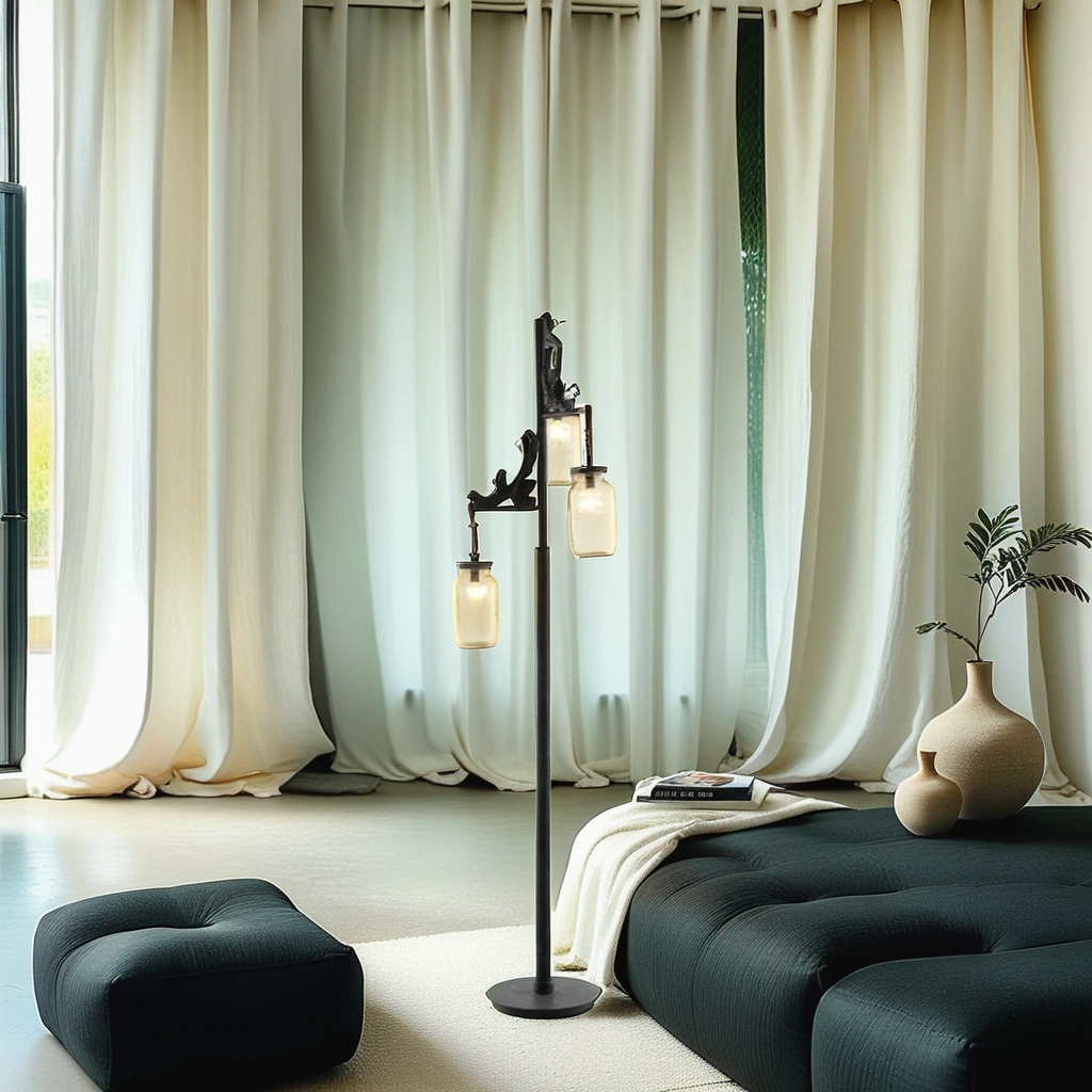 Boho Aesthetic Gray Black Rustic Antique Fire Catcher Floor Lamp Lighting | Biophilic Design Airbnb Decor Furniture 