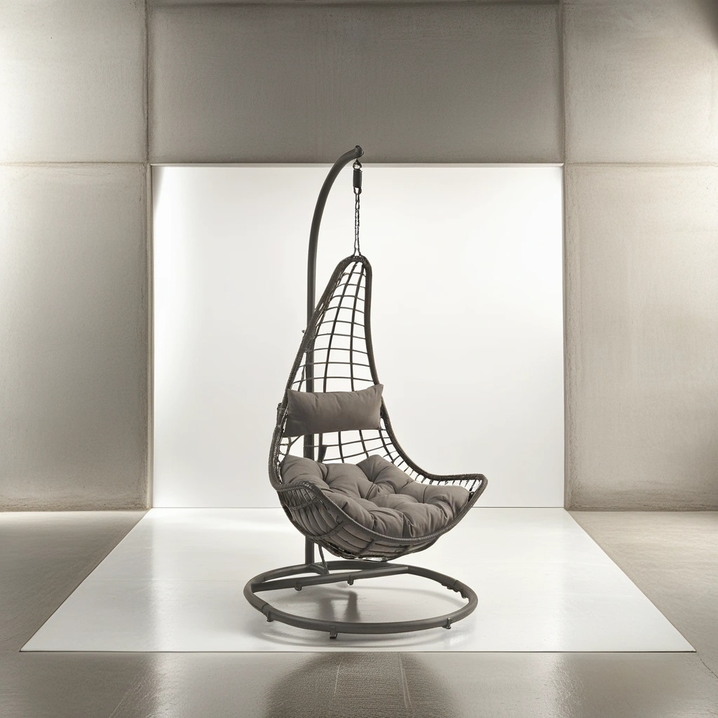 Boho Aesthetic Biophilic Design Gray Charcoal Wicker Hanging Chair with Stand | Biophilic Design Airbnb Decor Furniture 