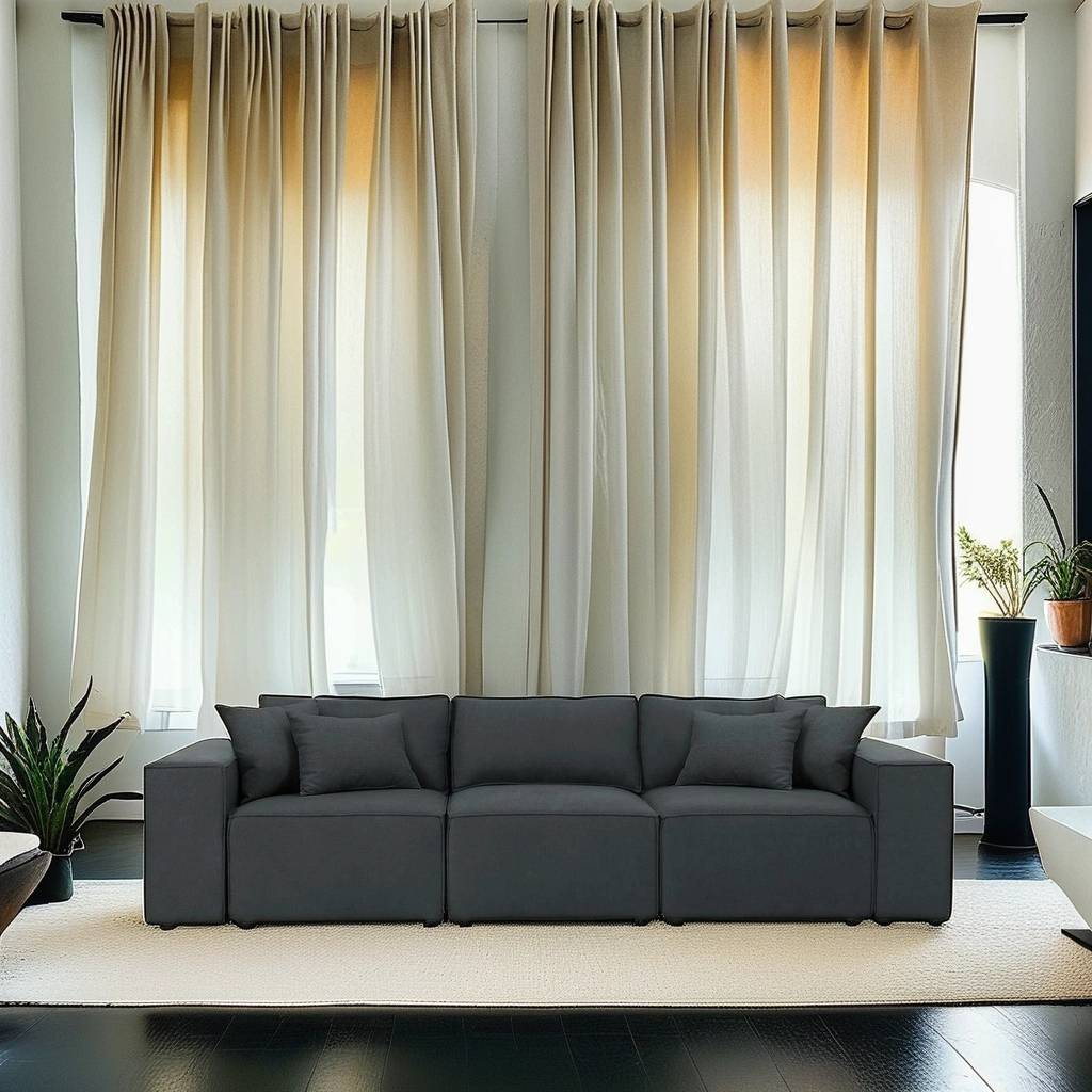 Boho Aesthetic Modern Trendy European Dark Gray Linen Sofa in Dark Gray Linen | Biophilic Design Airbnb Decor Furniture 