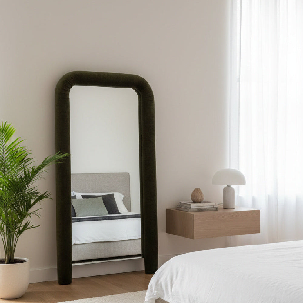 Buy farmhouse furniture Le Riu • Beige Large Modern Cottage Farmhouse Style Upholstered Floor Mirror - Modern Cottage Farmhouse Furniture