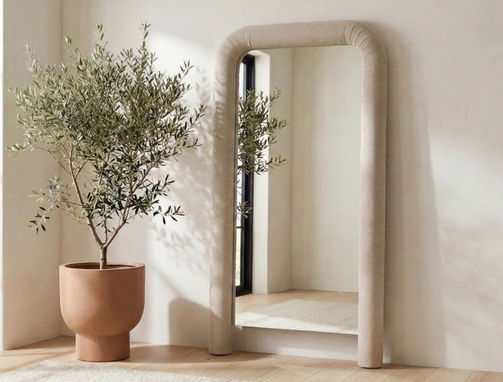 Buy farmhouse furniture Le Riu • Beige Large Modern Cottage Farmhouse Style Upholstered Floor Mirror - Modern Cottage Farmhouse Furniture