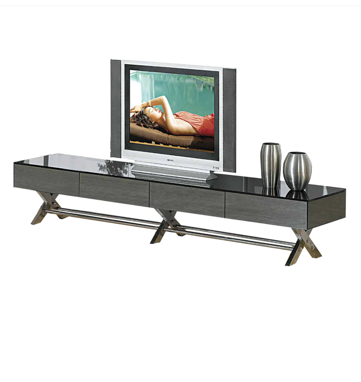 Boho Aesthetic La Rochelle | Modern Luxury Black & Gray Mirror w/ Chrome Legs TV Stand | Biophilic Design Airbnb Decor Furniture 