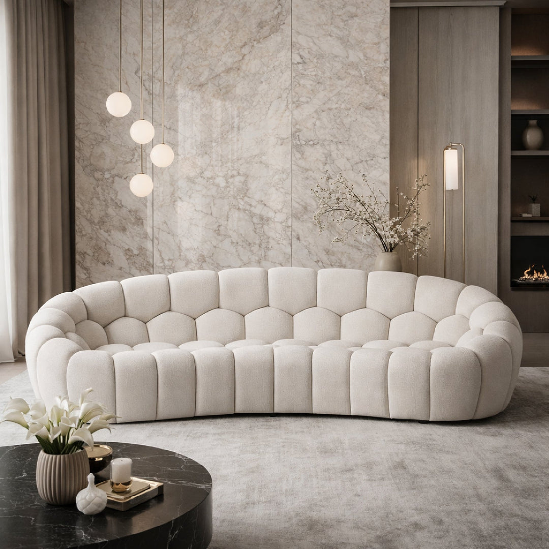 Le Lia • White Modern Mediterranean Italian Hexagonal-Tufted Curved Sofa - Modern Cottage Farmhouse Furniture