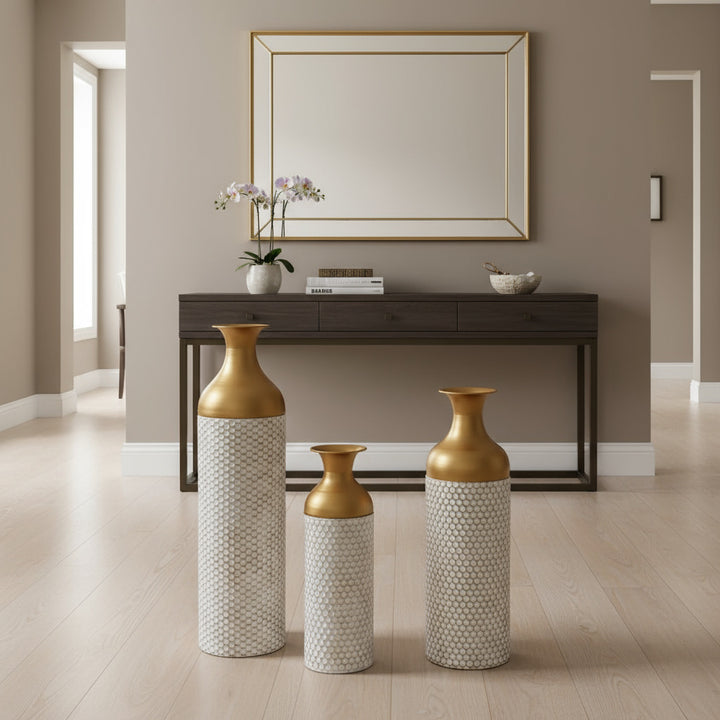 Canne | Mediterranean White and Gold Honeycomb-Textured Wrought Iron Floor Vase - Mediterranean Italian Contemporary Home Decor Furniture