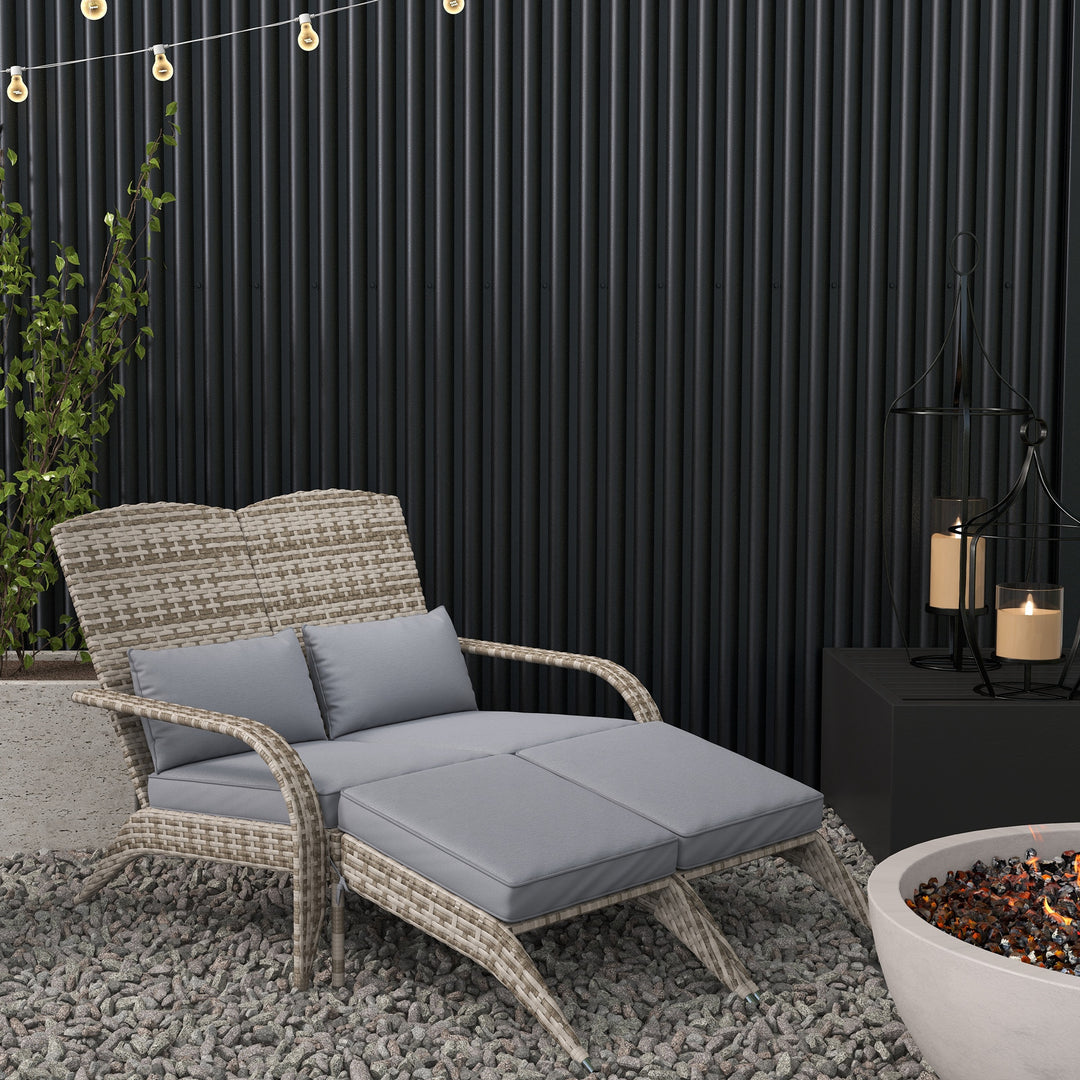 Buy farmhouse furniture Charlotte Grey Rattan 2-Person Patio Adirondack Chair | Outdoor Farmhouse Deck Chair with Ottomans - Modern Cottage Farmhouse Furniture