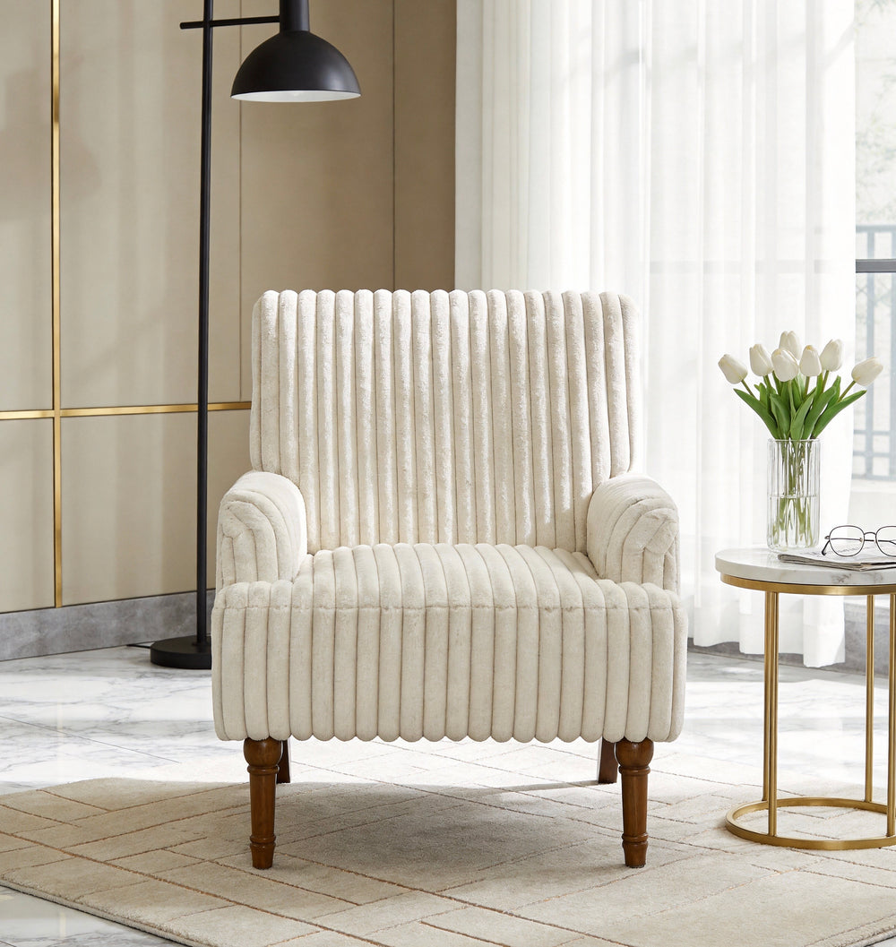 Buy farmhouse furniture Beige Corduroy Accent Chair | Wide-Wale Farmhouse Lounge Chair with Solid Wood Legs - Modern Cottage Farmhouse Furniture