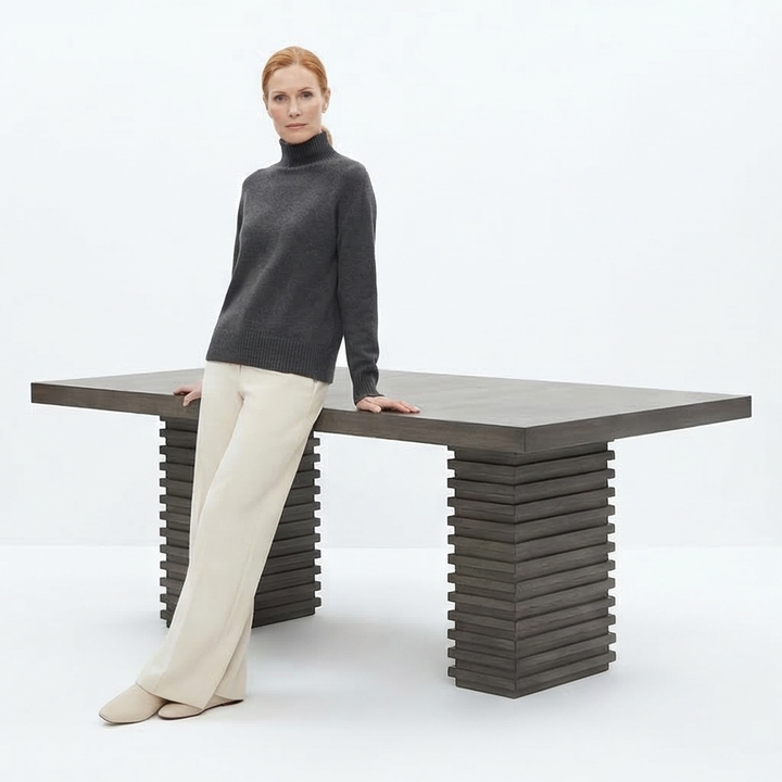 Mila Dining Table - Modern Trestle Base, Washed Grey Finish, Extendable to 78" with 18" Leaf - Mediterranean Italian Contemporary Home Decor Furniture