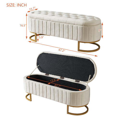 The Marbella Mediterranean Farmhouse Button-Tufted Velvet Storage Ottoman Bench – Beige Upholstered Bench Seat with Metal Legs - Mediterranean Italian Contemporary Home Decor Furniture