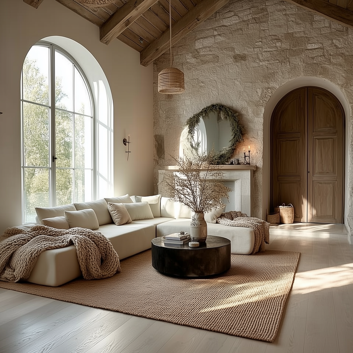 Cozy living room with stone wall, large window, and wooden beams.