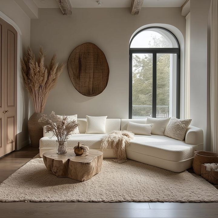 white sofa for airbnb, rental decor wooden coffee table, and decorative elements.