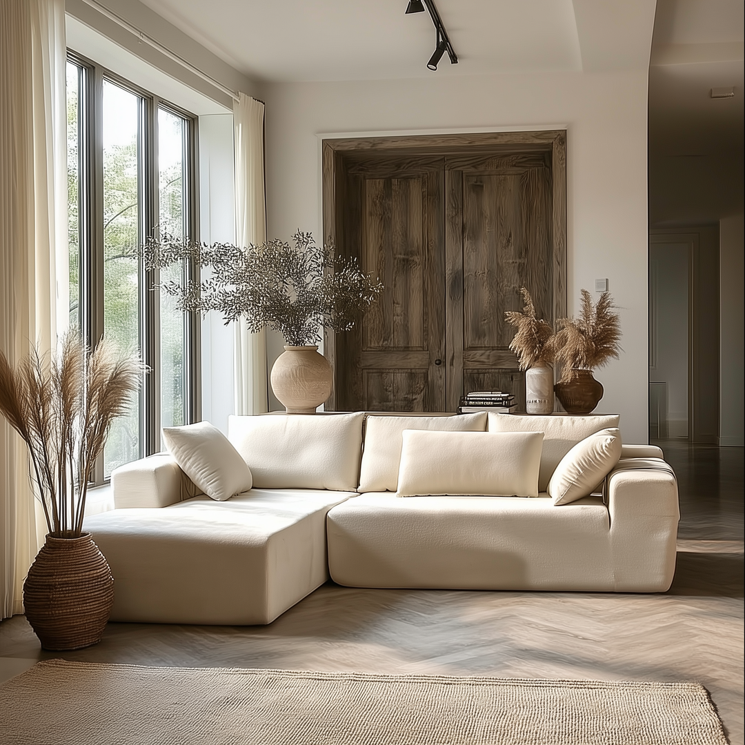 Modern living room with a beige sectional sofa, decorative plants, and a wooden door.