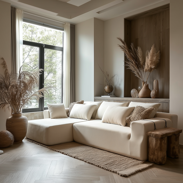 Modern living room with a beige sofa, decorative plants, and wooden coffee table.