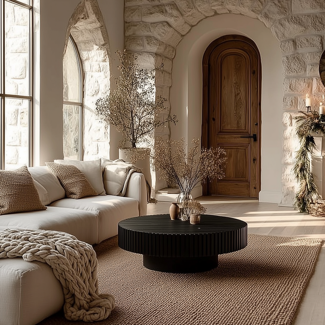 Cozy living room with stone walls, large windows, and a fireplace.