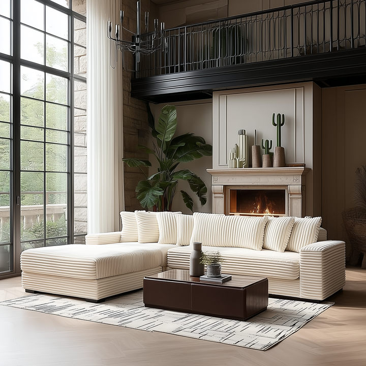 Le Eupopia • Oversized Beige European Farmhouse Style Two-Piece L Shaped Sofa Couch - Mediterranean Italian Contemporary Home Decor Furniture