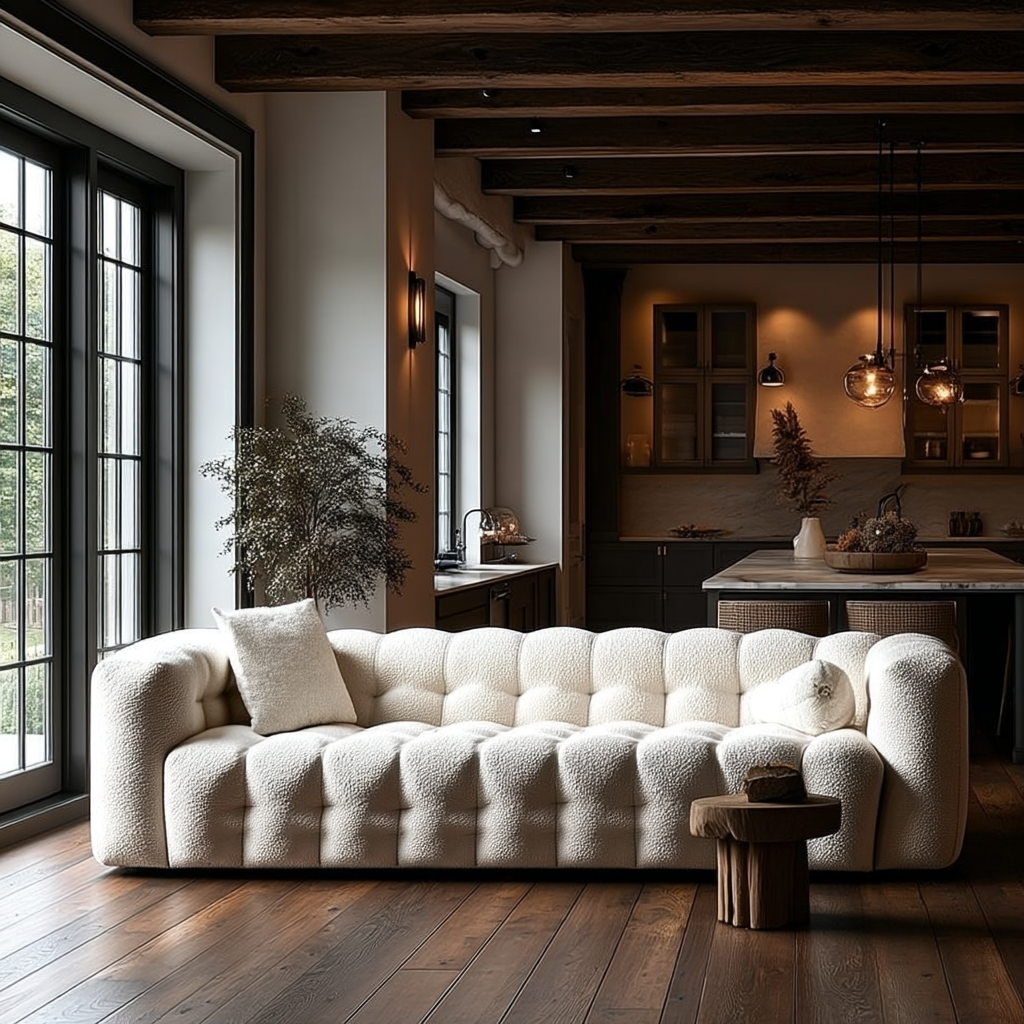 Buy farmhouse furniture The White Fence • Modern Farmhouse Cottage Boucle Fabric Sofa - Modern Cottage Farmhouse Furniture