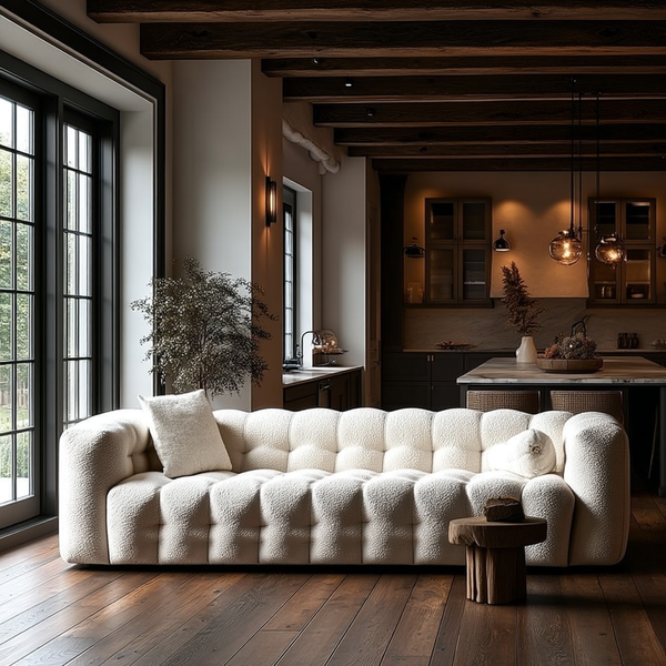 The White Fence • Modern Farmhouse Cottage Boucle Fabric Sofa - Modern Cottage Farmhouse Furniture