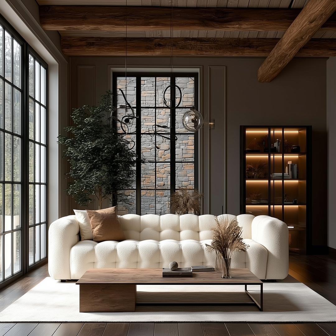 Buy farmhouse furniture The White Fence • Modern Farmhouse Cottage Boucle Fabric Sofa - Modern Cottage Farmhouse Furniture