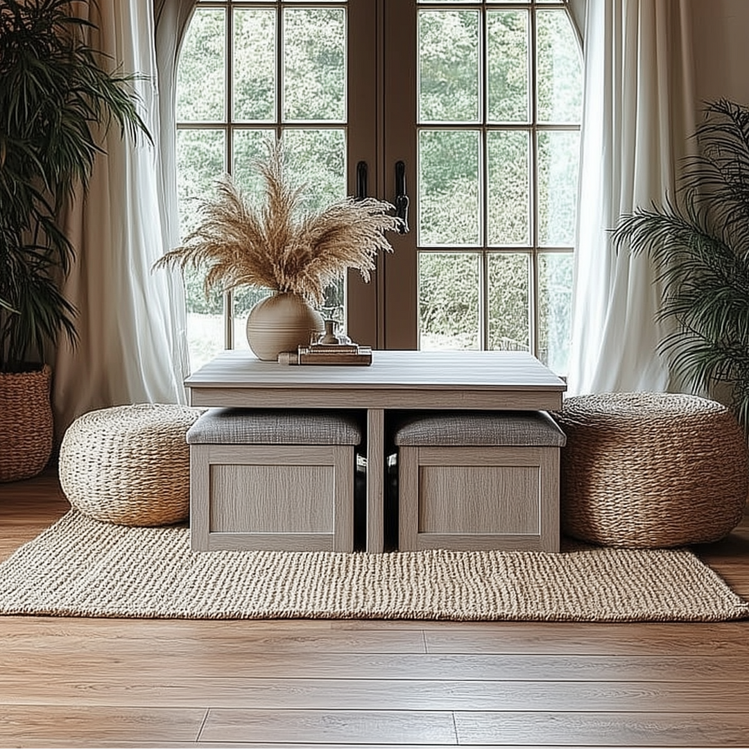 Moseberg Distressed Mediterranean Farmhouse Gray Coffee Table with Storage Stools - Mediterranean Italian Contemporary Home Decor Furniture