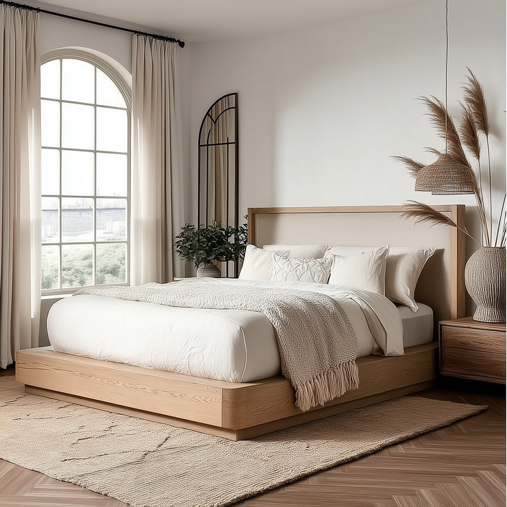 Kailani 49-inch Beige Oak Mediterranean Farmhouse King Wingback Bed Frame - Mediterranean Italian Contemporary Home Decor Furniture