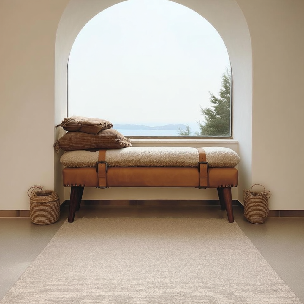 Villa Toscana Light Brown Beige Leather Bouclé Bench - Mediterranean Italian Contemporary Home Decor Furniture