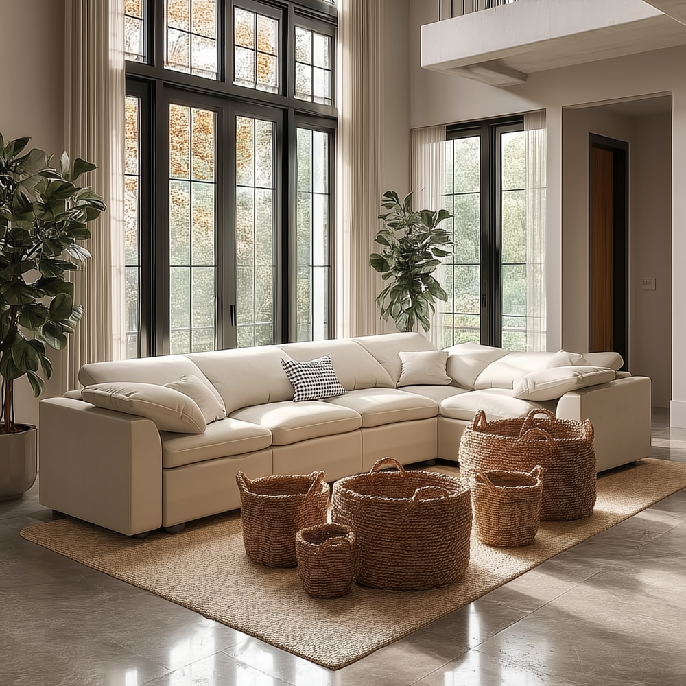 124.8' Extra Large 7-Seater Modular Sectional Sofa with L-Shape Design & Movable Ottoman, Plush Chenille Fabric + Solid Pine Wood Frame for Living Room, Office, Spacious Space - Mediterranean Tuscan Contemporary Home Decor Furniture