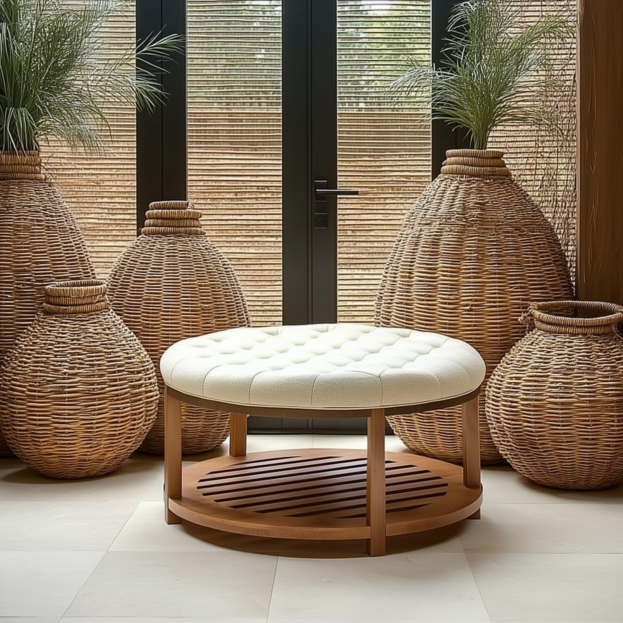 Aurelia | Large Round Mediterranean Luxury Pine Wood Coffee Table Ottoman - Mediterranean Tuscan Contemporary Home Decor Furniture