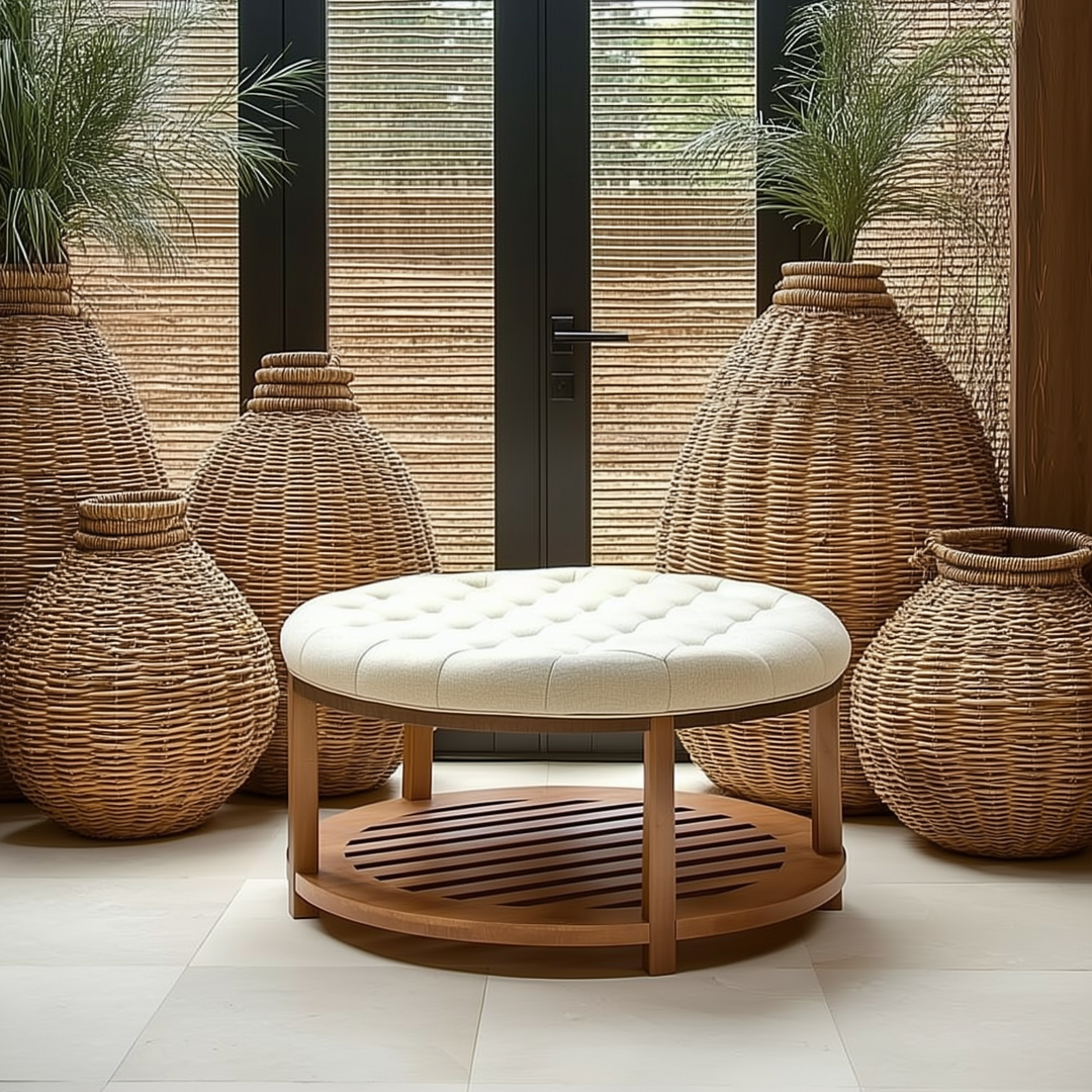 Aurelia | Large Round Mediterranean Luxury Pine Wood Coffee Table Ottoman - Mediterranean Tuscan Contemporary Home Decor Furniture