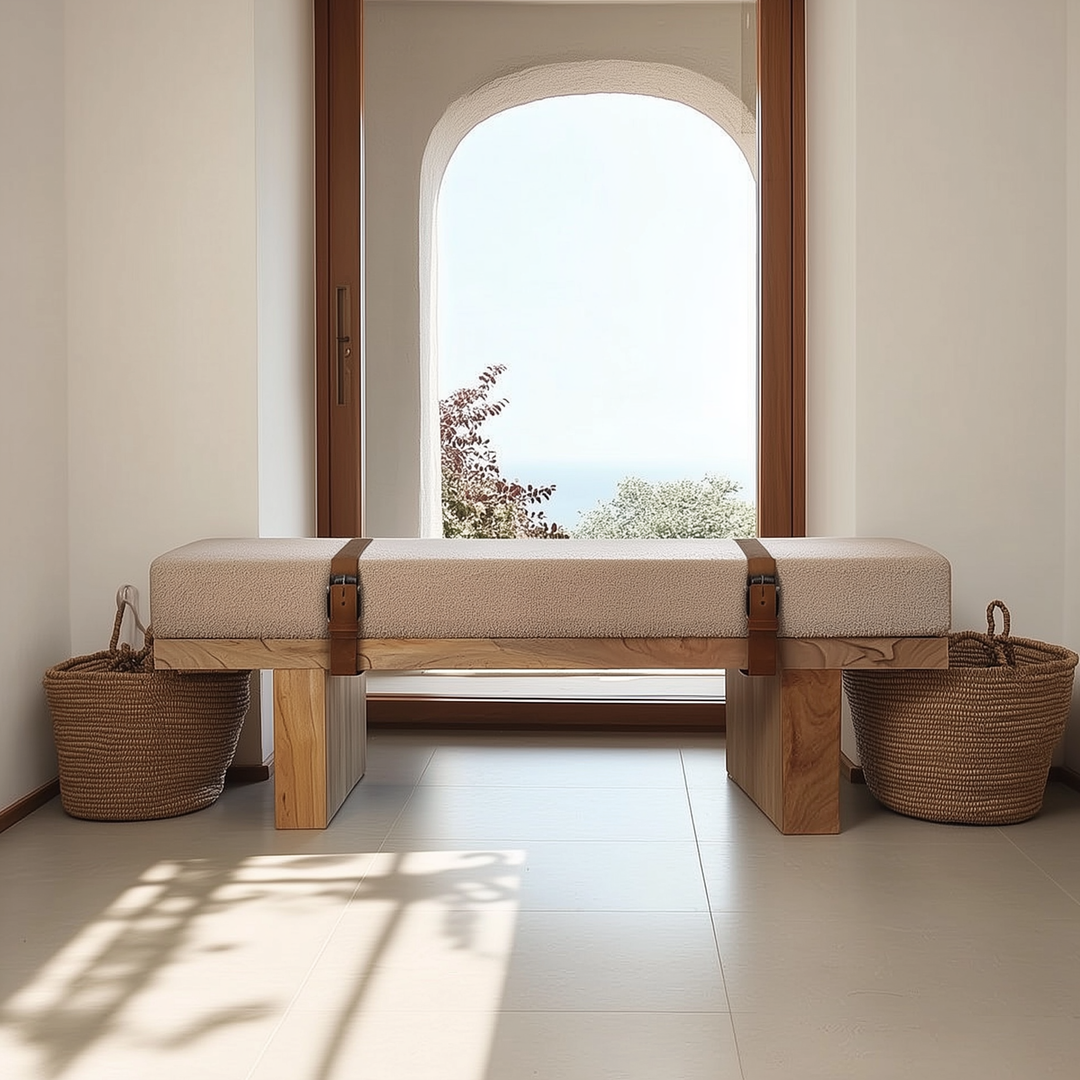 Valencia Oro Greece Mediterranean Cream Bouclé Bench - Mediterranean Tuscan Contemporary Home Decor Furniture