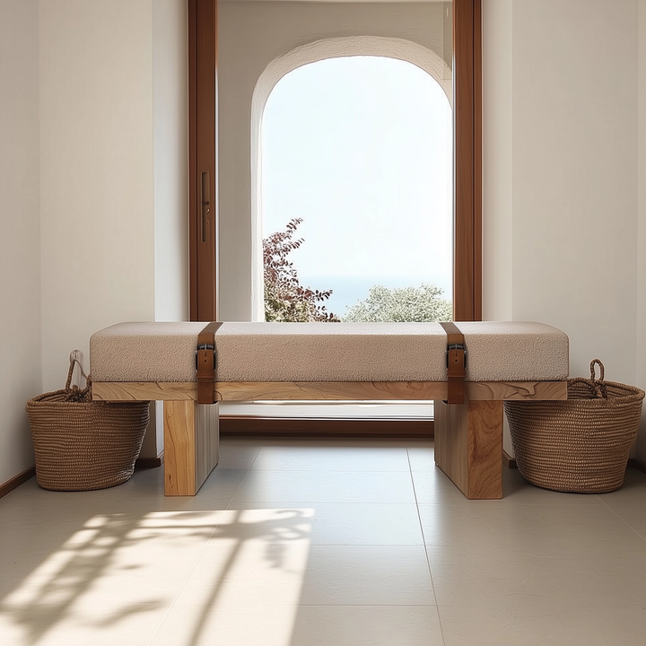 Valencia Oro Greece Mediterranean Cream Bouclé Bench - Mediterranean Tuscan Contemporary Home Decor Furniture