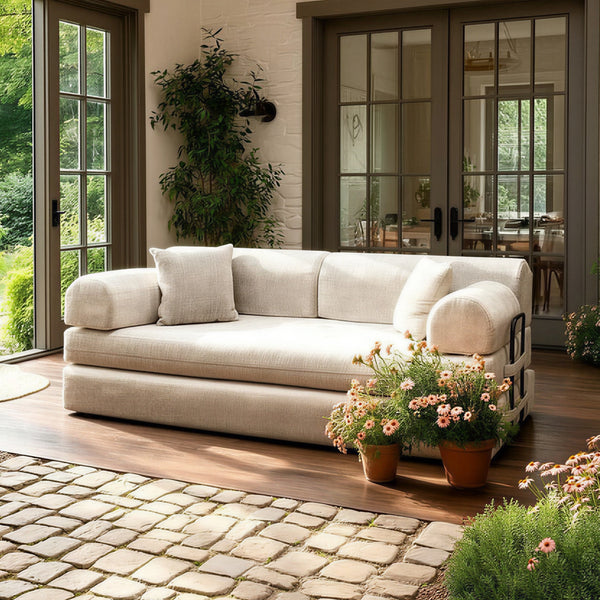 Camel • Convertible Boucle Modern Farmhouse Style Sleeper Sofa Bed - Mediterranean Italian Contemporary Home Decor Furniture