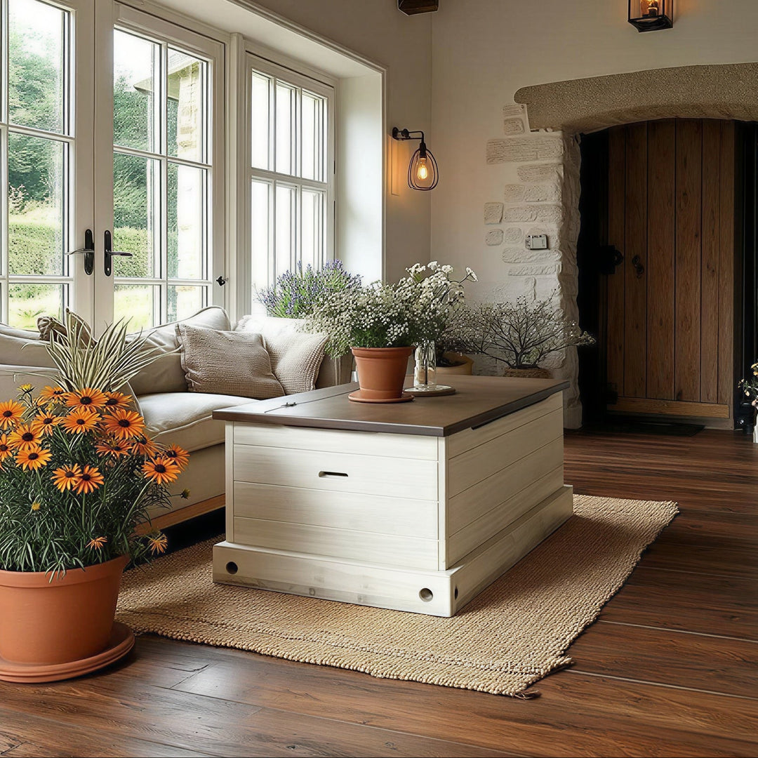 Buy farmhouse furniture Harper Farmhouse Storage Bench | Distressed White Pine Trunk Bench with Lid - Modern Cottage Farmhouse Furniture