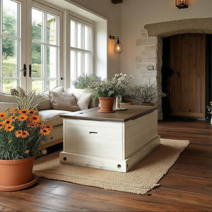 Buy farmhouse furniture Harper Farmhouse Storage Bench | Distressed White Pine Trunk Bench with Lid - Modern Cottage Farmhouse Furniture