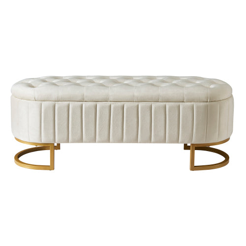 The Marbella Mediterranean Farmhouse Button-Tufted Velvet Storage Ottoman Bench – Beige Upholstered Bench Seat with Metal Legs - Mediterranean Italian Contemporary Home Decor Furniture