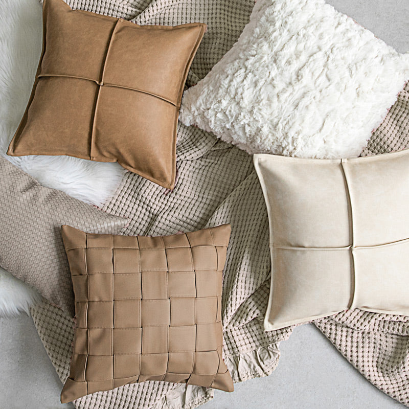 Thurii | Leather Mediterranean Cross Pleated Pillowcase - Mediterranean Italian Contemporary Home Decor Furniture