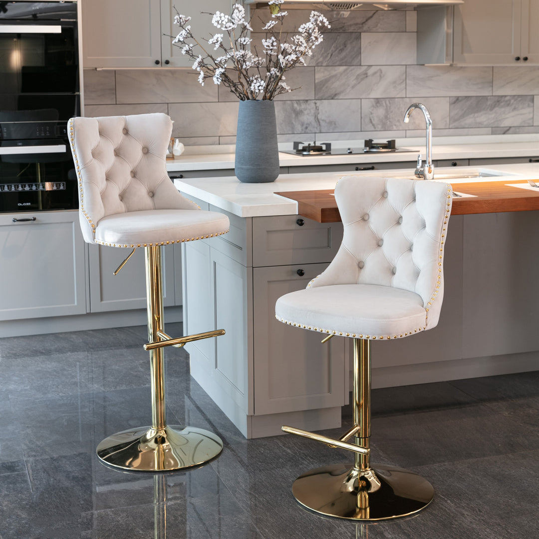 Amir | Golden Modern Mediterranean Swivel Adjustable Velvet Barstools (Set of 2) - Mediterranean Italian Contemporary Home Decor Furniture