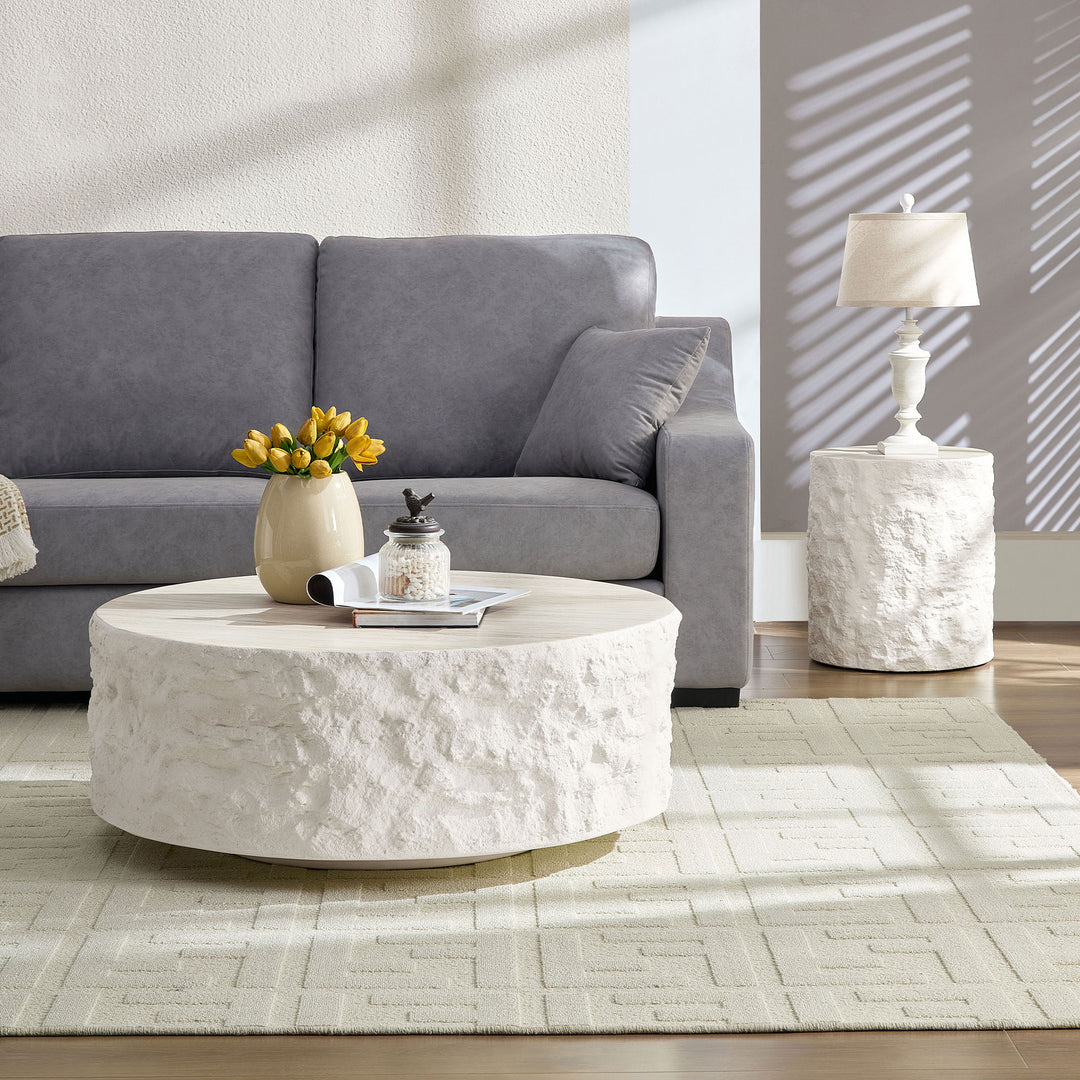 Helios | Circular Italian Mediterranean Limestone Artificial Coffee Table Set - Mediterranean Italian Contemporary Home Decor Furniture