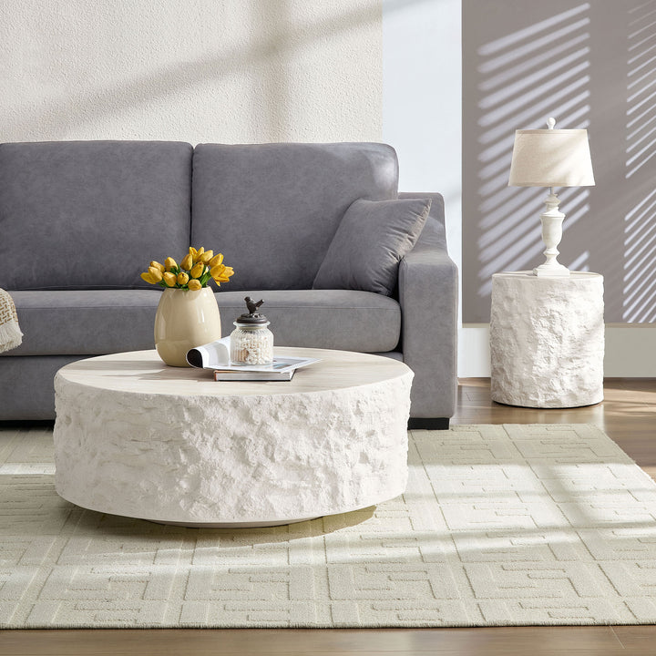 Helios | Circular Italian Mediterranean Limestone Artificial Coffee Table Set - Mediterranean Italian Contemporary Home Decor Furniture