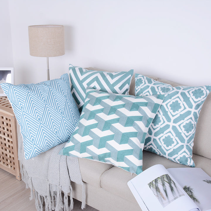 Buy farmhouse furniture Ouranos Baby Blue &amp; White Geometrical Throw Pillowcase - Modern Cottage Farmhouse Furniture