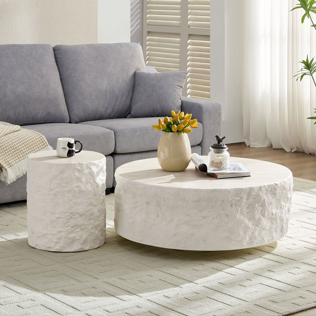 Helios | Circular Italian Mediterranean Limestone Artificial Coffee Table Set - Mediterranean Italian Contemporary Home Decor Furniture