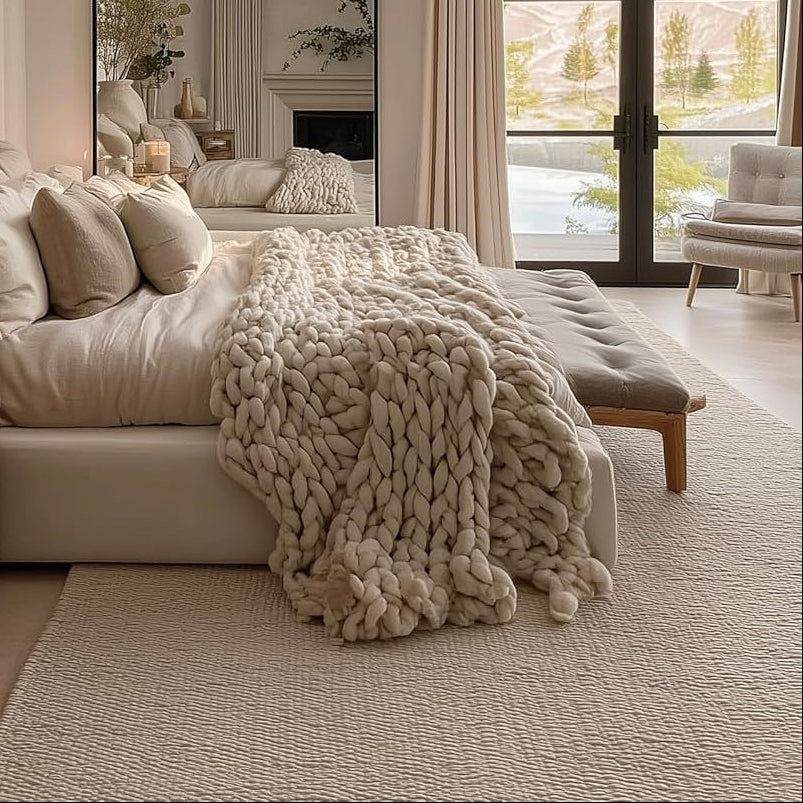 Cozy bedroom with neutral tones, large mirror, and natural light.