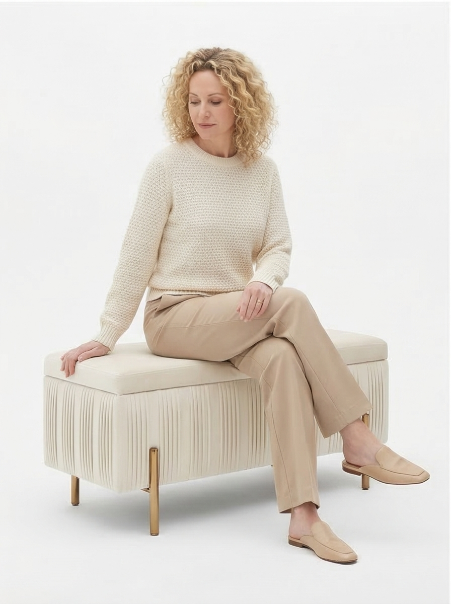 Elegant Boho Upholstered Velvet Storage Bench Ottoman with Cedar Wood Veneer - Mediterranean Italian Contemporary Home Decor Furniture