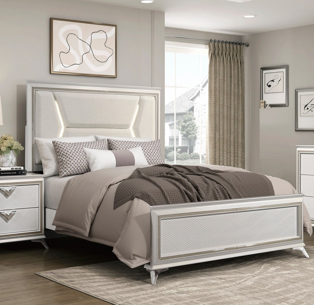 Buy farmhouse furniture 1pc Modern Luxury Queen Bed Upholstered Headboard with LED Lighting Wooden Bedroom Furniture Antique White Finish and Gold - Modern Cottage Farmhouse Furniture